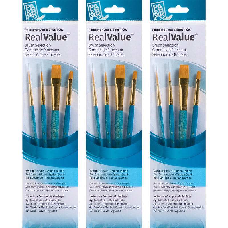 RealValue Brush Set, Gold Taklon Bristles, Short Handle Mixed Media Paintbrush, Blue, 4 Per Set, 3 Sets