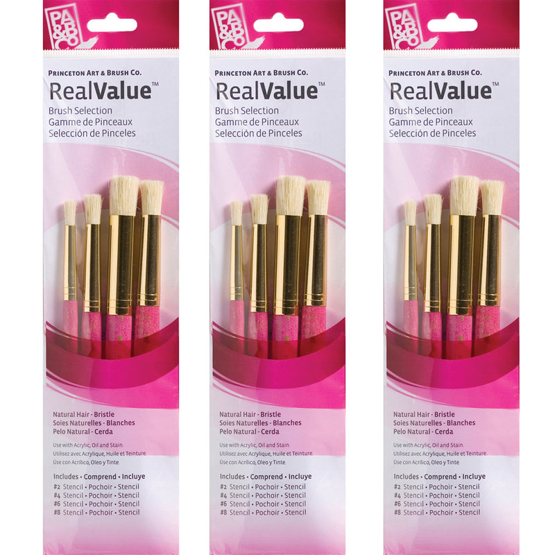 RealValue Stencil Brush Set, Natural Bristles, Short Handle Mixed Media Paintbrush, Pink, 4 Per Set, 3 Sets