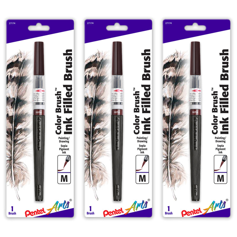 Color Brush with Water-Based Ink, Medium Tip, Sepia, Pack of 3