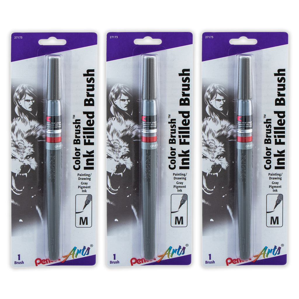 Color Brush with Pigment Ink, Medium Tip, Gray, Pack of 3