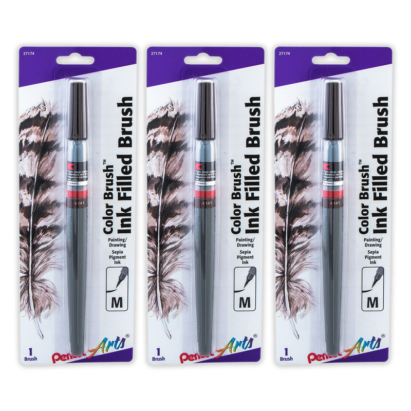 Color Brush with Pigment Ink, Medium Tip, Sepia, Pack of 3