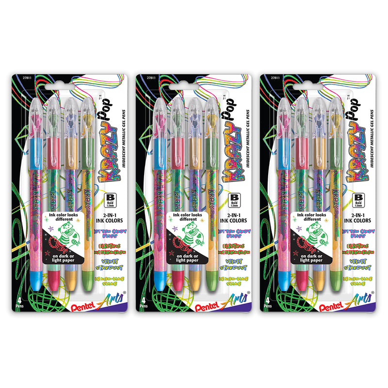 Krazy Pop Iridescent Gel Pen, 1.0mm Bold line, Assorted Ink (XC/BD/CP/DG), 4 Per Set, 3 Sets