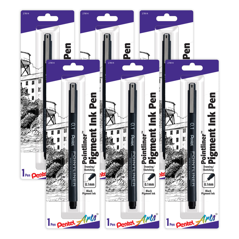 Pointliner Pen, 0.1mm, Black Pigment Ink, Pack of 6