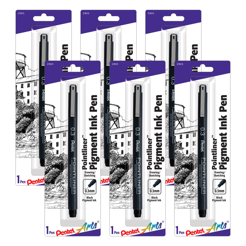 Pointliner Pen, 0.3mm, Black Pigment Ink, Pack of 6