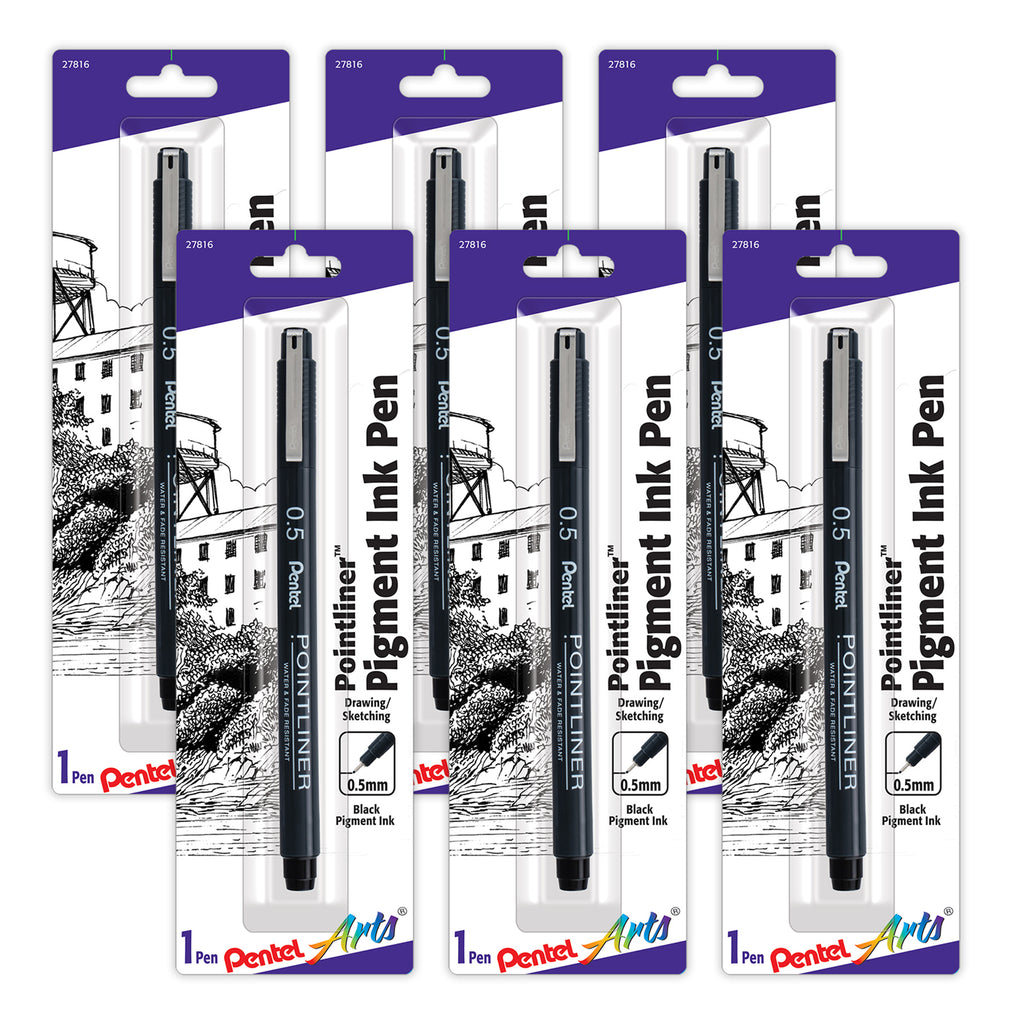 Pointliner Pen, 0.5mm, Black Pigment Ink, Pack of 6