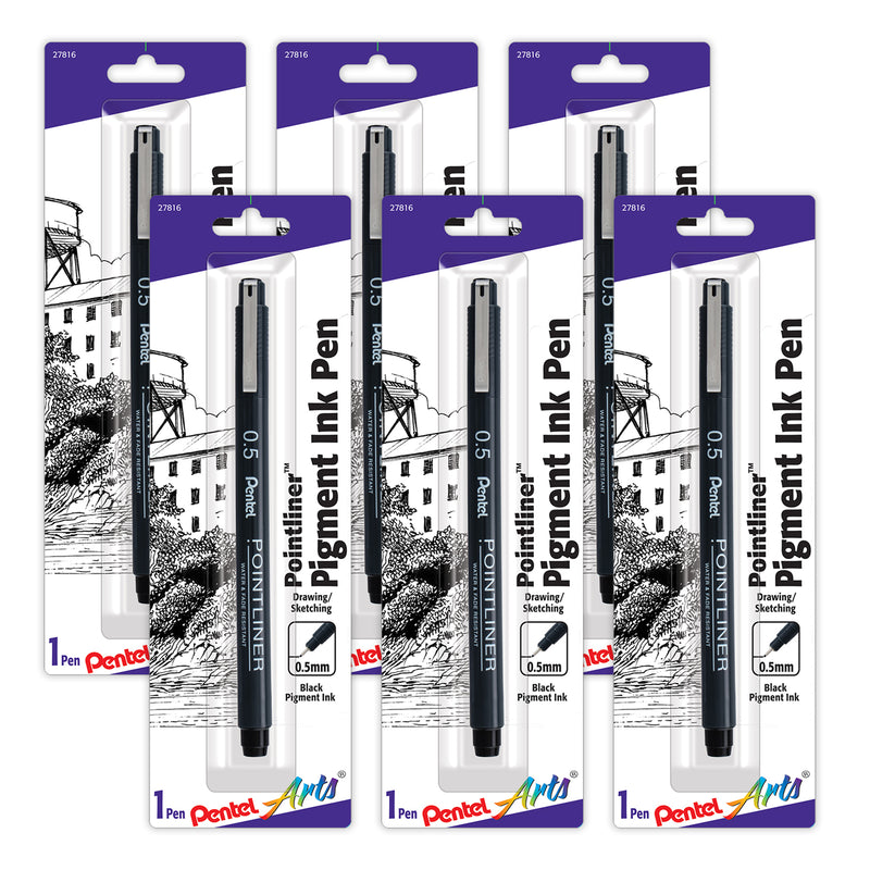 Pointliner Pen, 0.5mm, Black Pigment Ink, Pack of 6