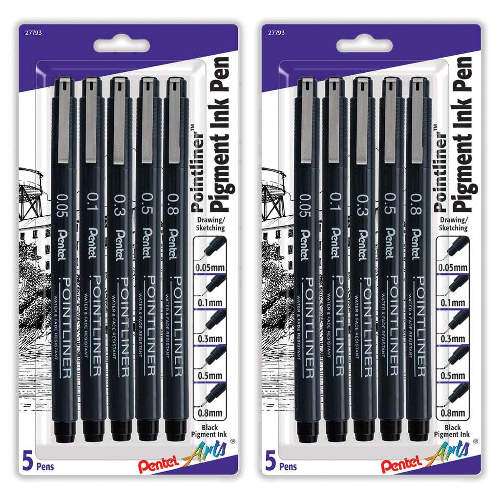 Pointliner Pen, Assorted Sizes, Black Pigment Ink, 5 Per Set, 2 Sets