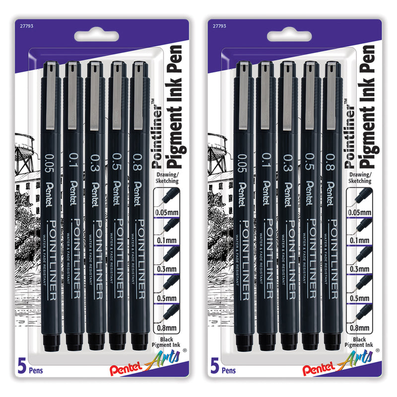 Pointliner Pen, Assorted Sizes, Black Pigment Ink, 5 Per Set, 2 Sets