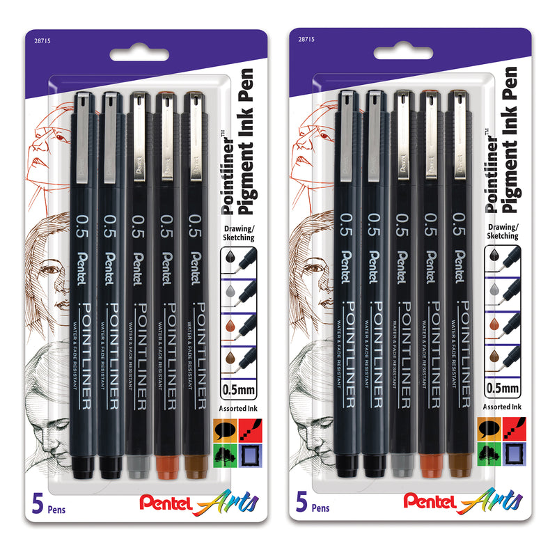 Pointliner Pen, 0.5mm Tip, Assorted Ink Colors, 5 Per Set, 2 Sets