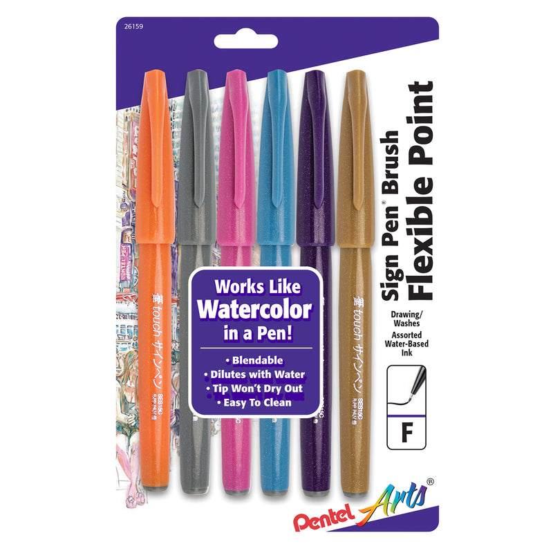 Sign Pen Brush Tip, Assorted Colors, 6-Pack, Fashion Colors