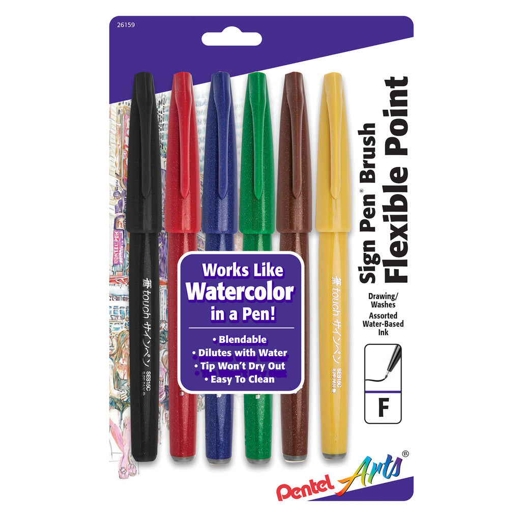 Sign Pen Brush Tip, Assorted Colors, 6-Pack