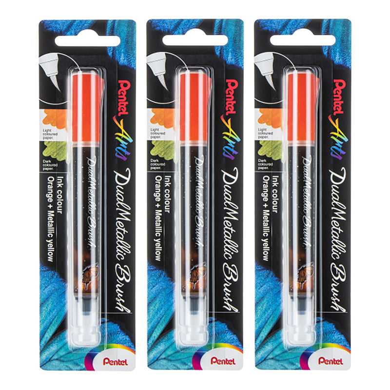 DualMetallic Brush, Orange/Metallic Yellow Ink, Pack of 3