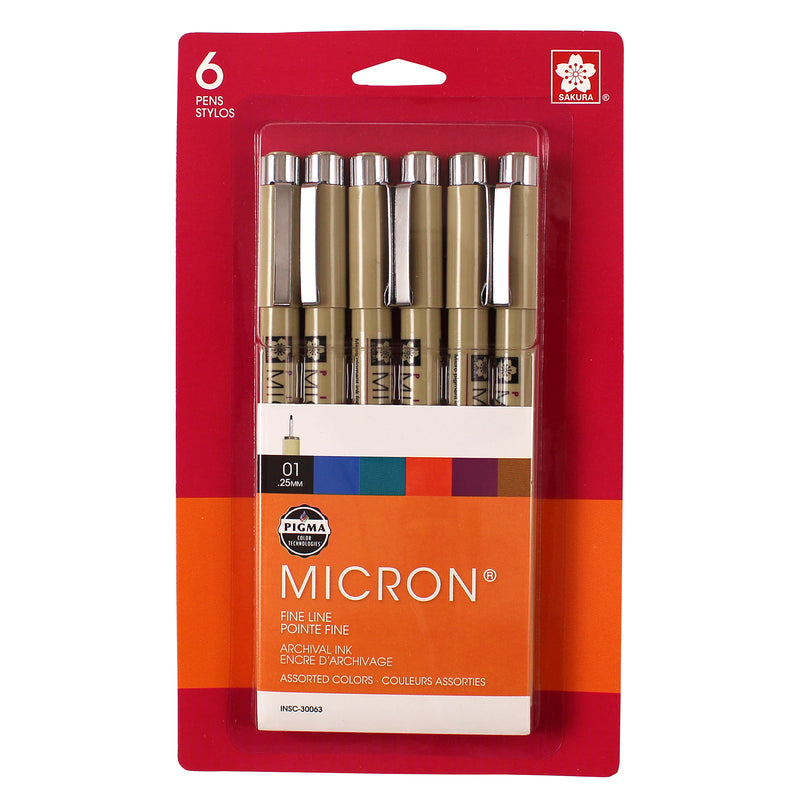 Pigma Micron Pens, Size 01, Assorted Colors, 6-Piece Set, Blister Card