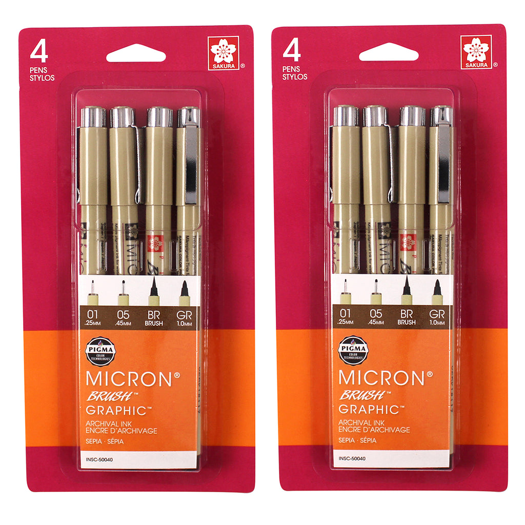 Pigma Drawing Pens, Sepia, Assorted Sizes, 4 Per Set, 2 Sets