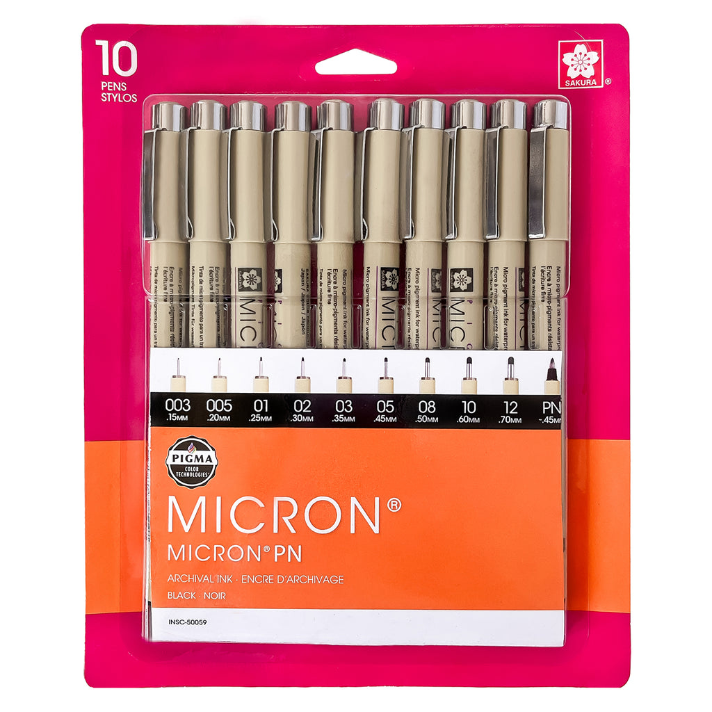 Pigma Micron Pens, Black, Assorted Sizes, 10-Pack, Blister Card