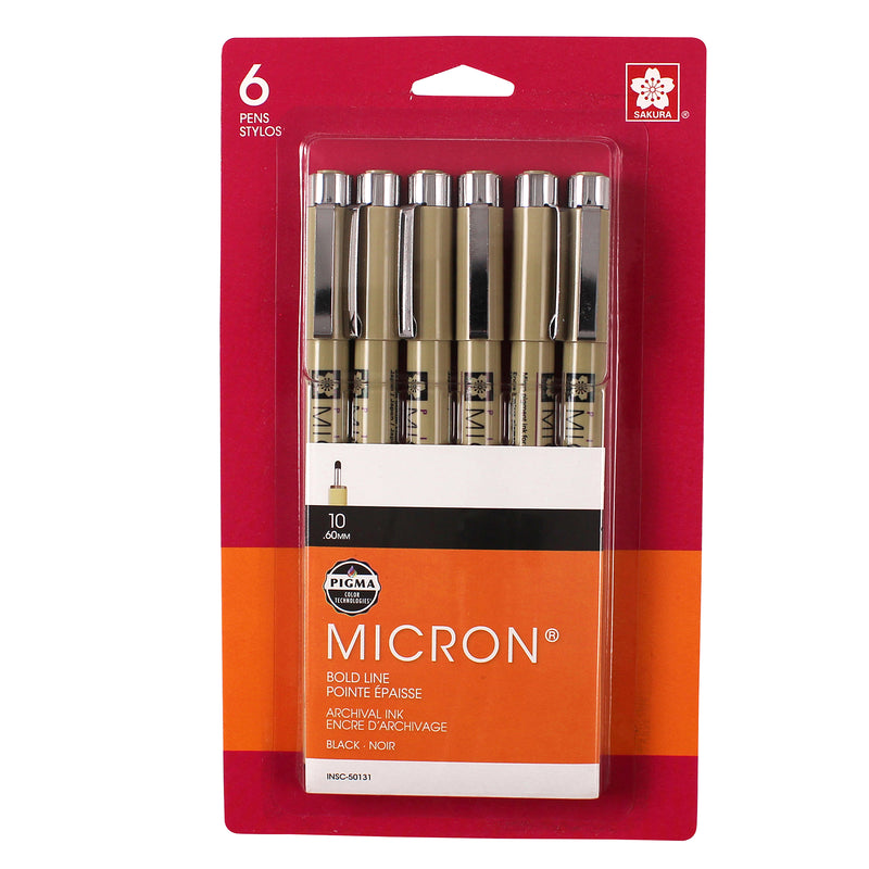 Pigma Micron Pens, Black, Size 10, 6-Pack, Blister Card