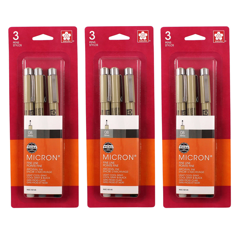Pigma Micron Pens, Gray & Black, Assorted Sizes, 3 Per Set, 3 Sets