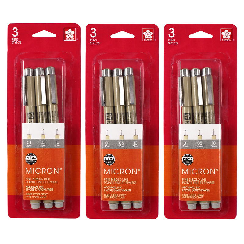 Pigma Micron Pens, Light Cool Gray, Assorted Sizes, 3 Per Set, 3 Sets