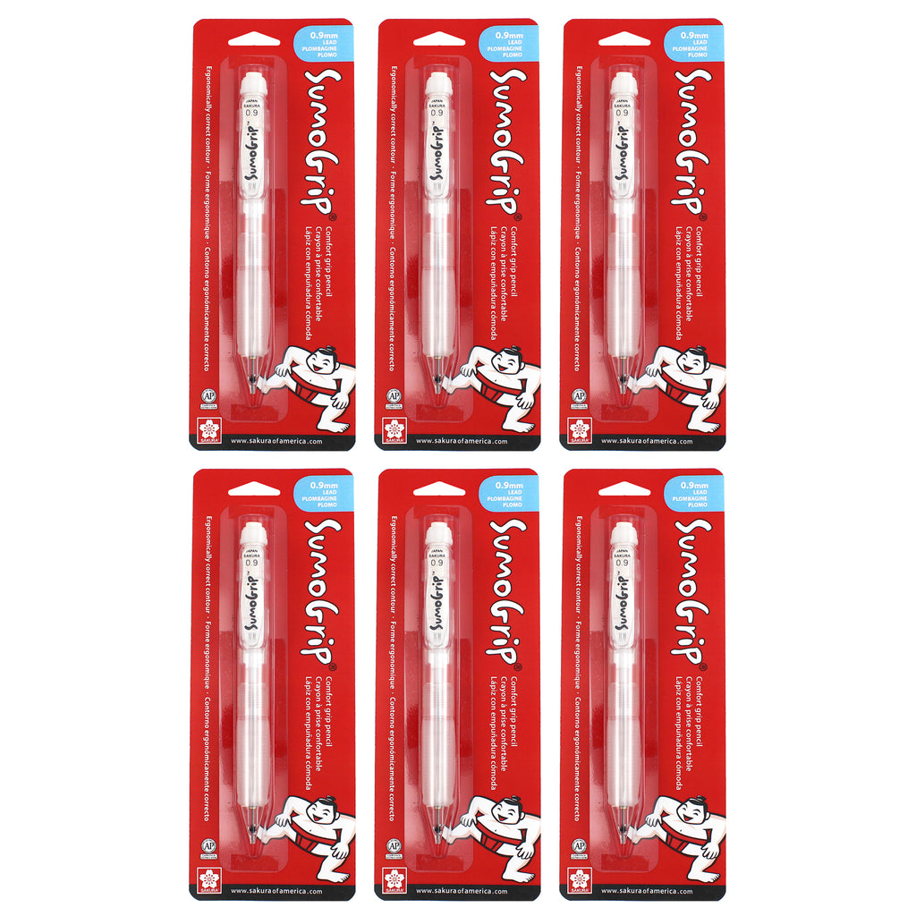 SumoGrip Comfort Grip Mechanical Pencil, 0.9mm, Clear, Blister Card, Pack of 6