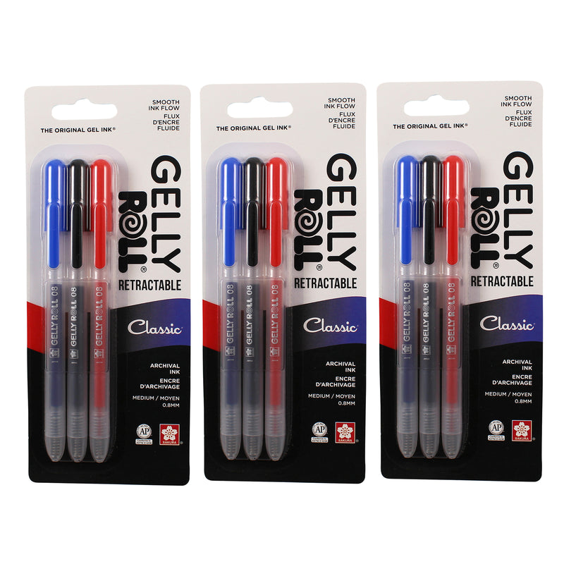 Retractable Classic Gel Pens, 08 Medium Point, Assorted Colors, 3 Per Set, 3 Sets