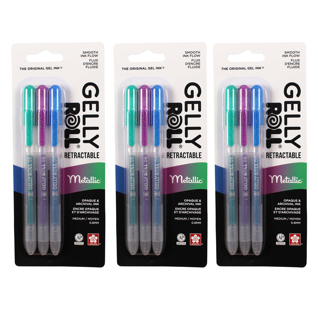 Retractable Metallic Gel Pens, 08 Medium Point, Assorted Colors, 3 Per Set, 3 Sets