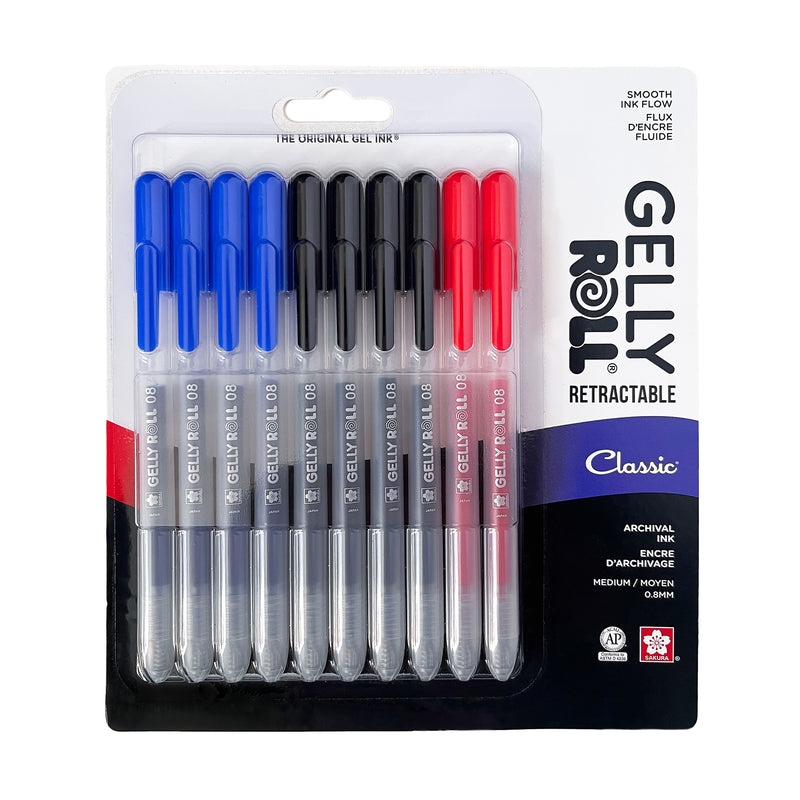 Retractable Classic Gel Pens, 08 Medium Point, Assorted Colors, 10-Pack, Blister Card
