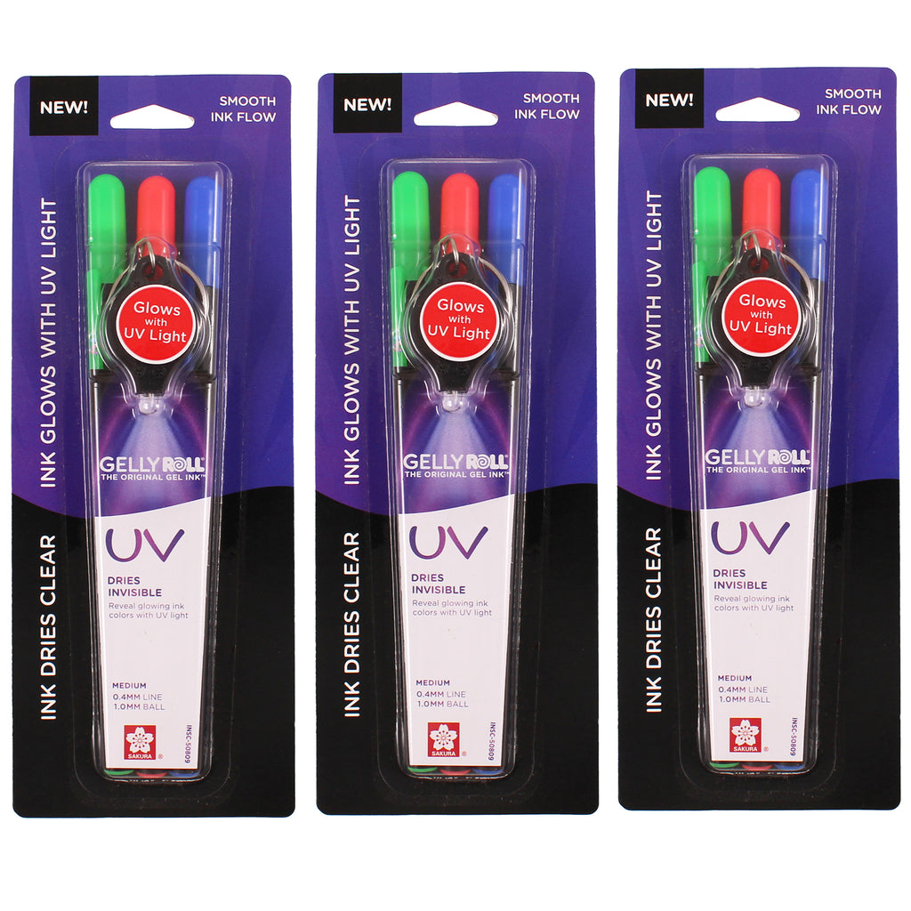 UV Gel Pens, Medium Point, Assorted Colors, 3 Per Set with UV Light, 3 Sets