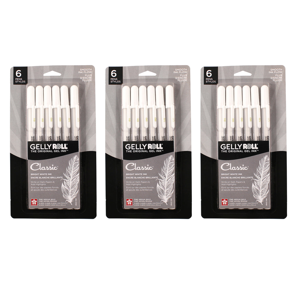 Classic Gel Pens, Assorted Sizes, White, 6 Per Set, 3 Sets