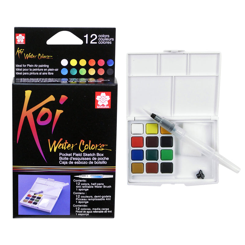 Koi Water Colors Field Sketch Box with Brush, 12 Colors