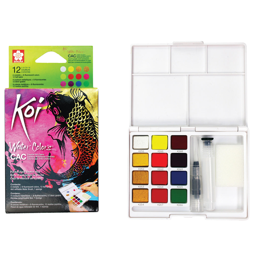 Koi Water Colors Field Sketch Box with Brush, 12 Creative Art Colors