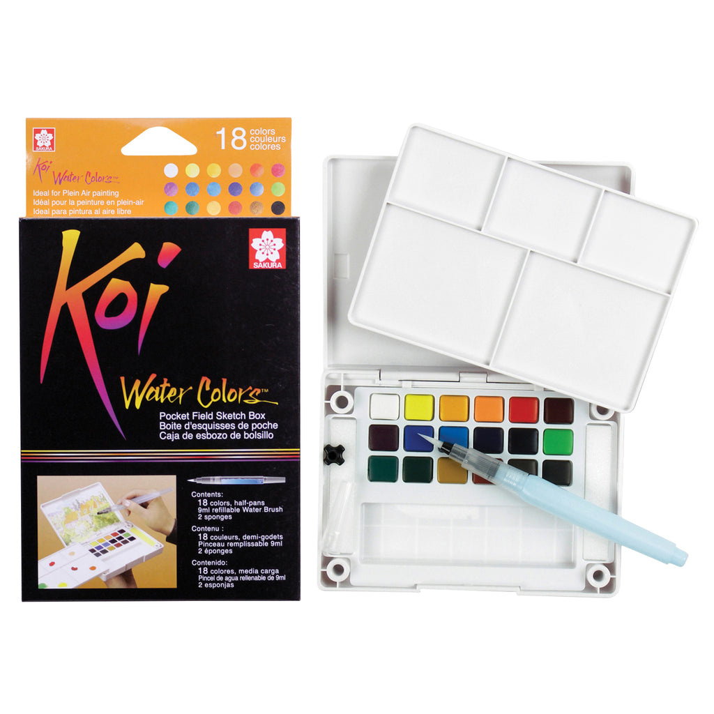 Koi Water Colors Field Sketch Box with Brush, 18 Colors