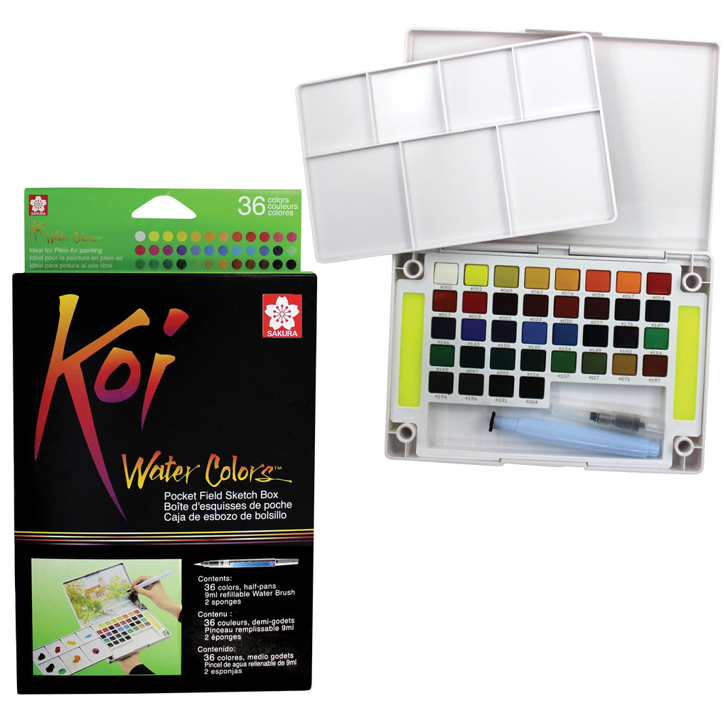 Koi Water Colors Field Sketch Box with Brush, 36 Colors
