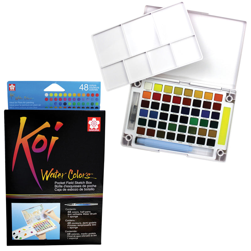 Koi Water Colors Field Sketch Box with Brush, 48 Colors