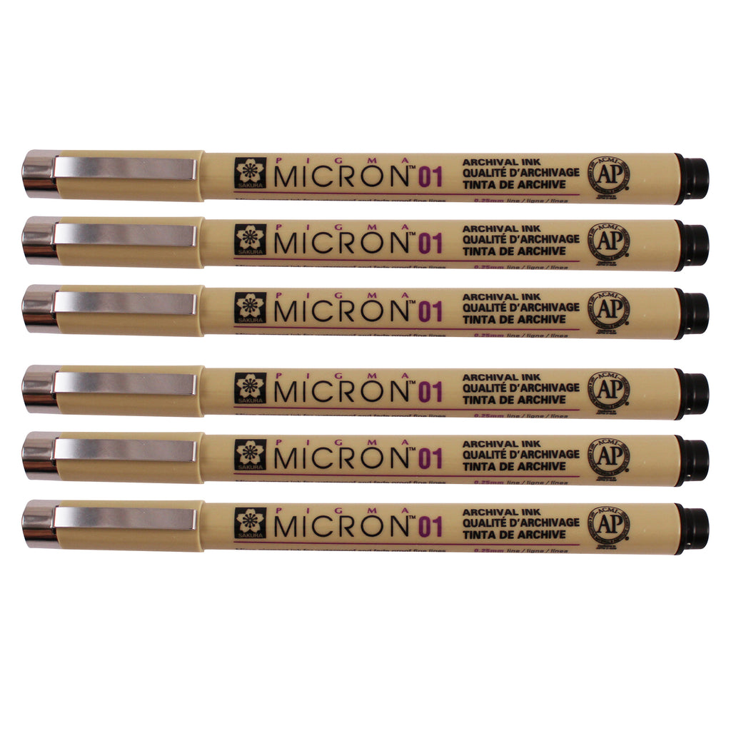 Pigma Micron Pen, Black, 0.25mm Size 01, Pack of 6