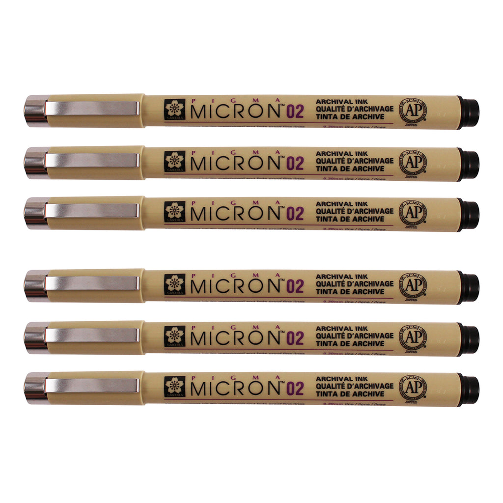 Pigma Micron Pen, Black, 0.30mm Size 02, Pack of 6