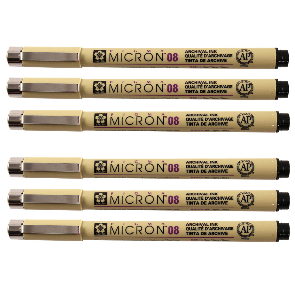 Pigma Micron Pen, Black, 0.50mm Size 08, Pack of 6