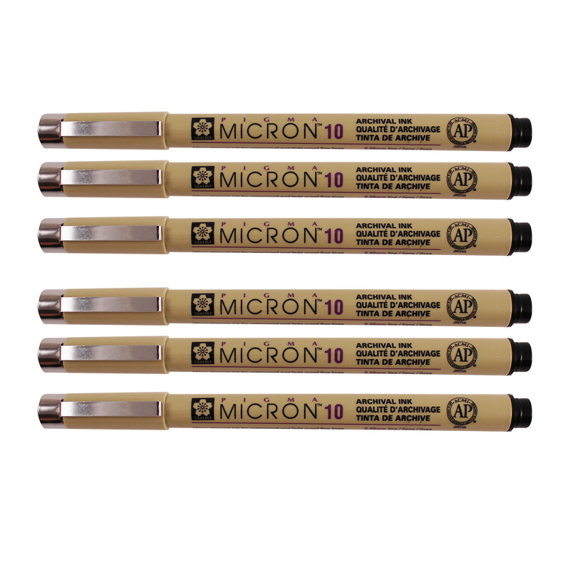 Pigma Micron Pen, Black, 0.60mm Size 10, Pack of 6