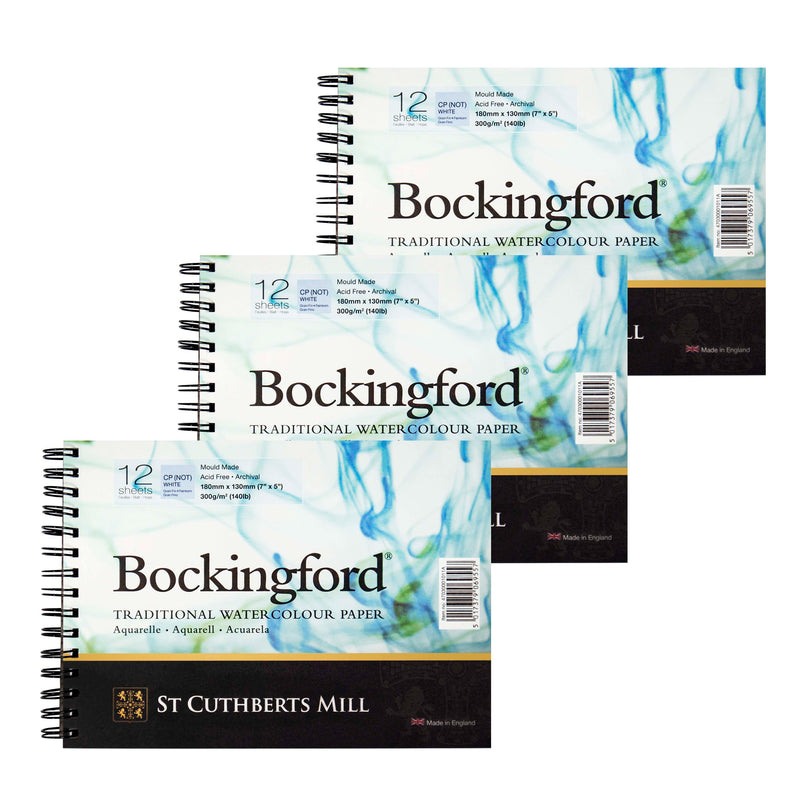 Bockingford Watercolor Pad, Cold Pressed, Spiral Binding, 140lb/300gsm, 12 Sheet, 5x7 inch, Pack of 3