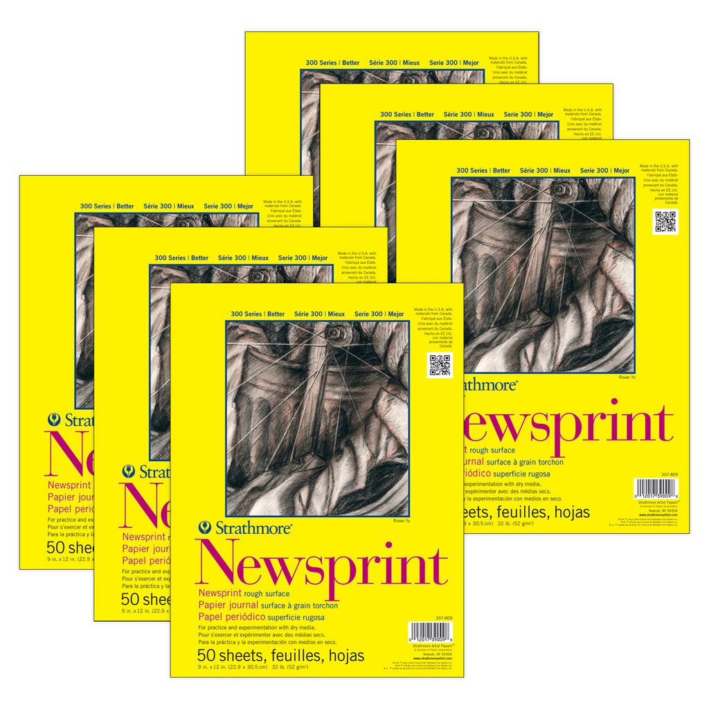 300 Series Newsprint Pad, Tape Binding, 50 Sheet, 9x12 inch, Pack of 6