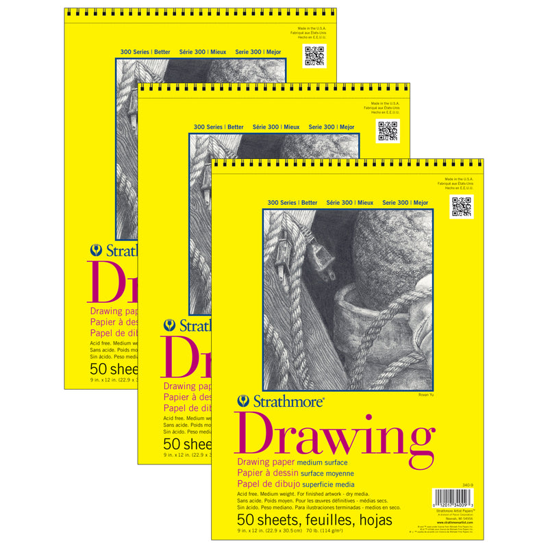 300 Series Drawing Pad, Top Wire Binding, 50 Sheet, 9x12 inch, Pack of 3