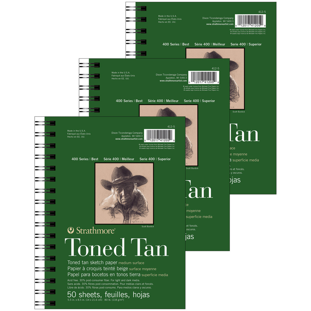 400 Series Sketch Pad, Recycled, Toned Tan, Side Wire Binding, 50 Sheet, 5.5x8.5 inch, Pack of 3