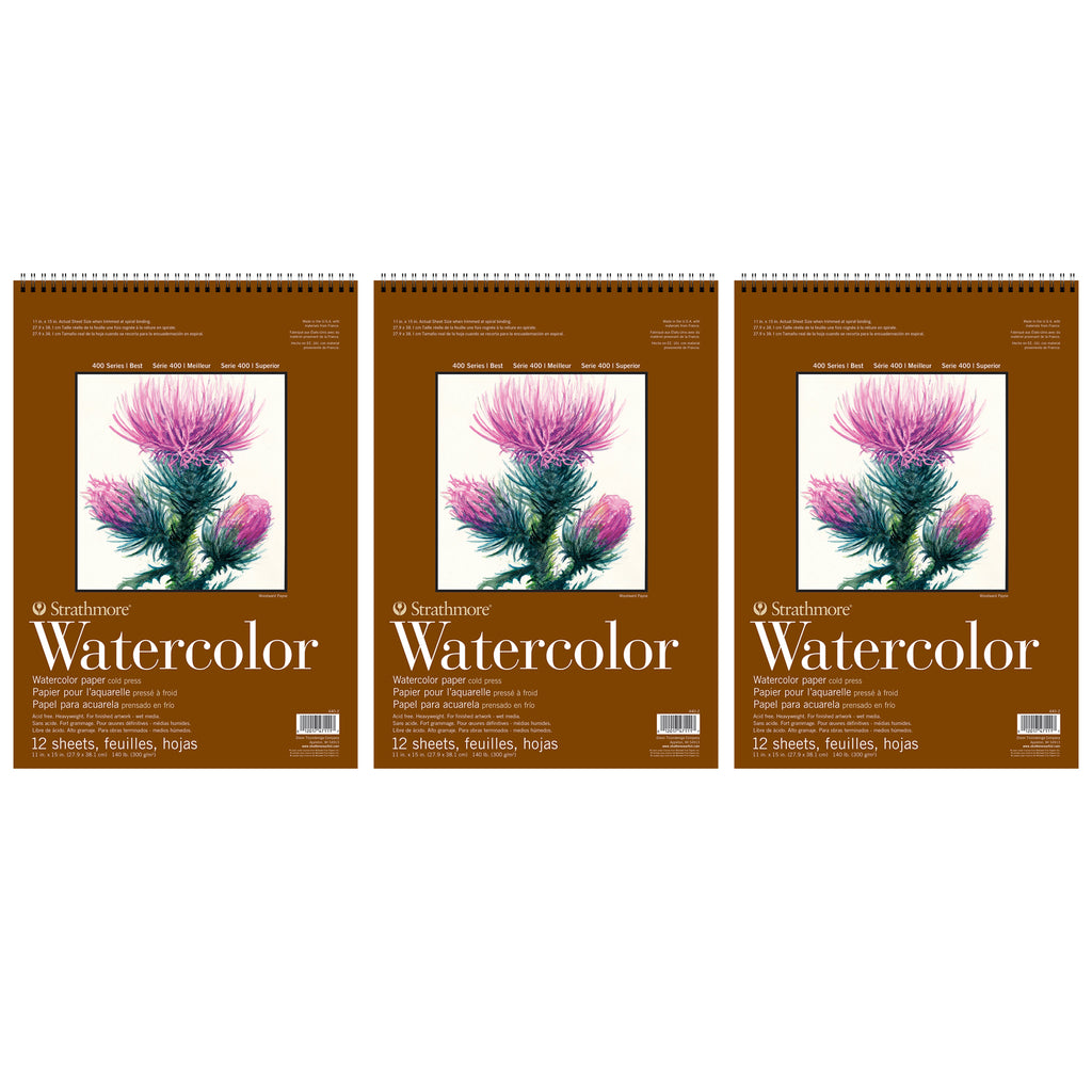 400 Series Watercolor Pad, Top Wire Binding, 12 Sheet, 11x15 inch, Pack of 3