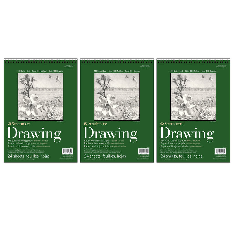 400 Series Drawing Pad, Recycled, Top Wire Binding, 24 Sheet, 9x12 inch, Pack of 3