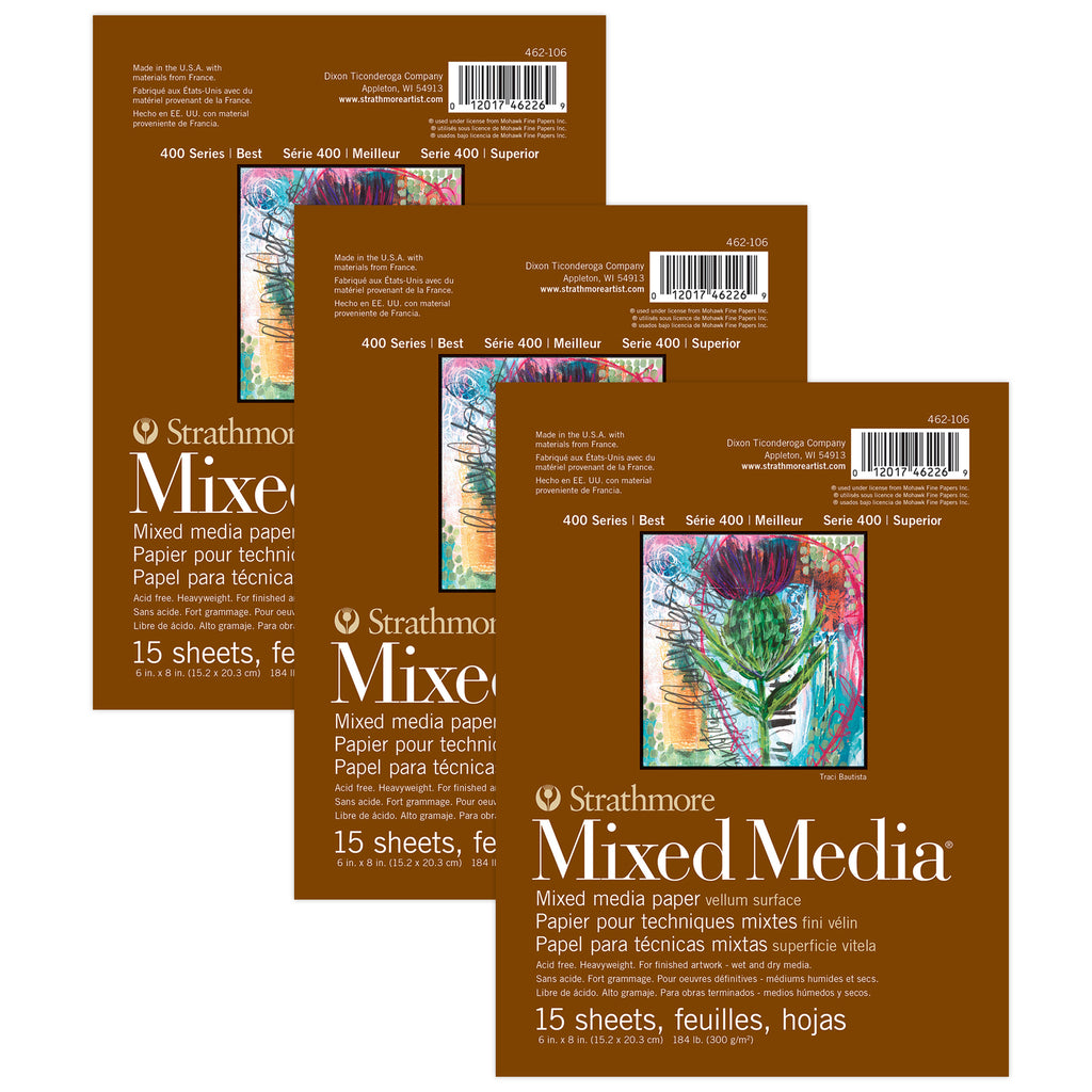 400 Series Mixed Media Pad, Glue Binding, 15 Sheet, 6x8 inch, Pack of 3