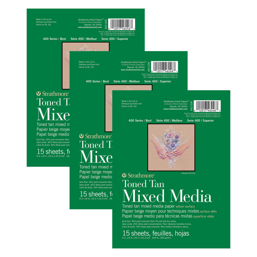 400 Series Mixed Media Pad, Toned Tan, Glue Binding, 15 Sheet, 6x8 inch, Pack of 3