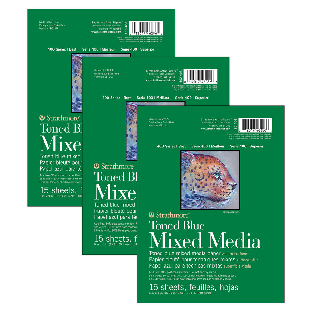 400 Series Mixed Media Pad, Toned Blue, Glue Binding, 15 Sheet, 6x8 inch, Pack of 3