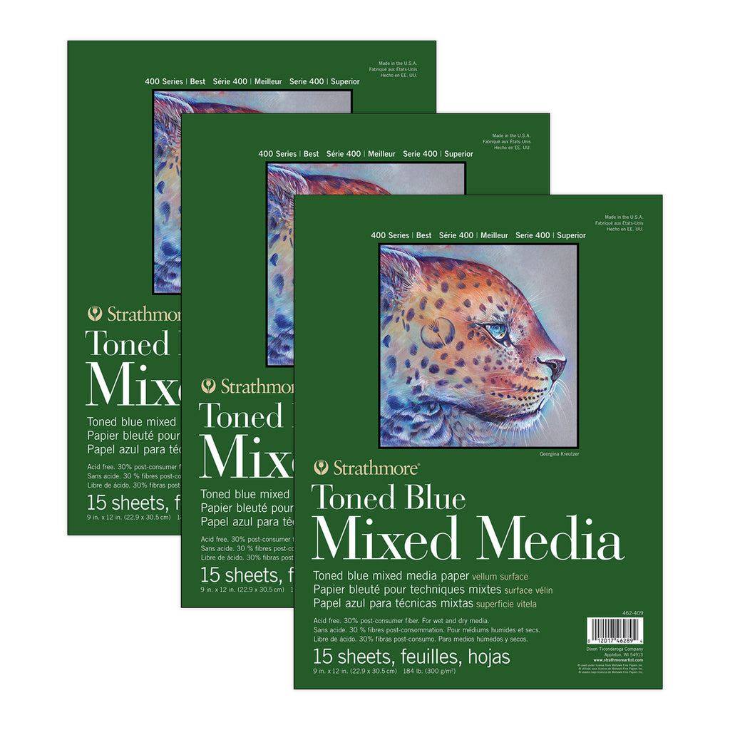 400 Series Mixed Media Pad, Toned Blue, Glue Binding, 15 Sheet, 9x12 inch, Pack of 3