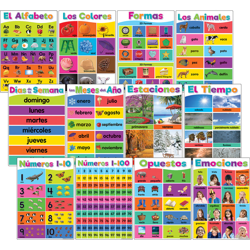 Spanish Colorful Early Learning Small Poster Pack, 11" x 15-3/4", Pack of 12