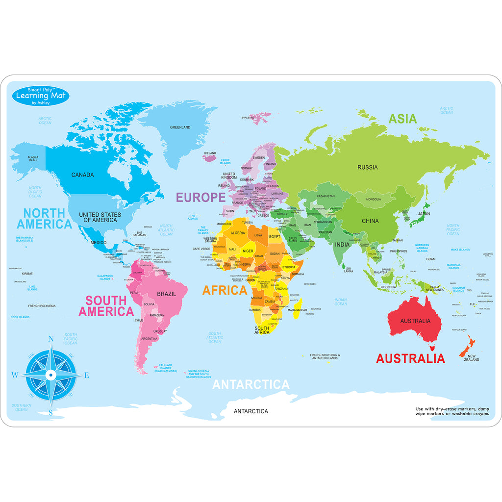 World Map Learning Mat Double Sided Write On Wipe Off