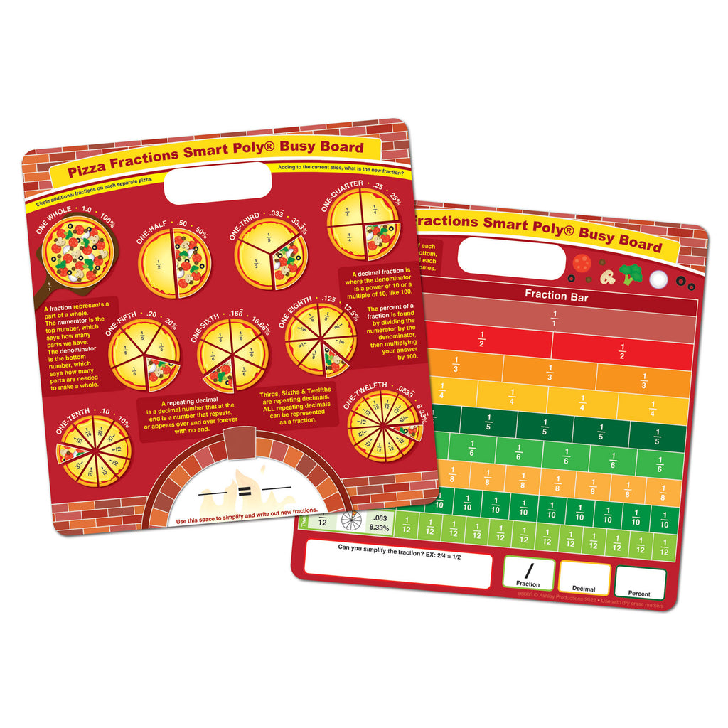 Smart Poly® Educational Activity Busy Board, Dry Erase with Marker, 10-3-4" x 10-3-4", Pizza Fractions
